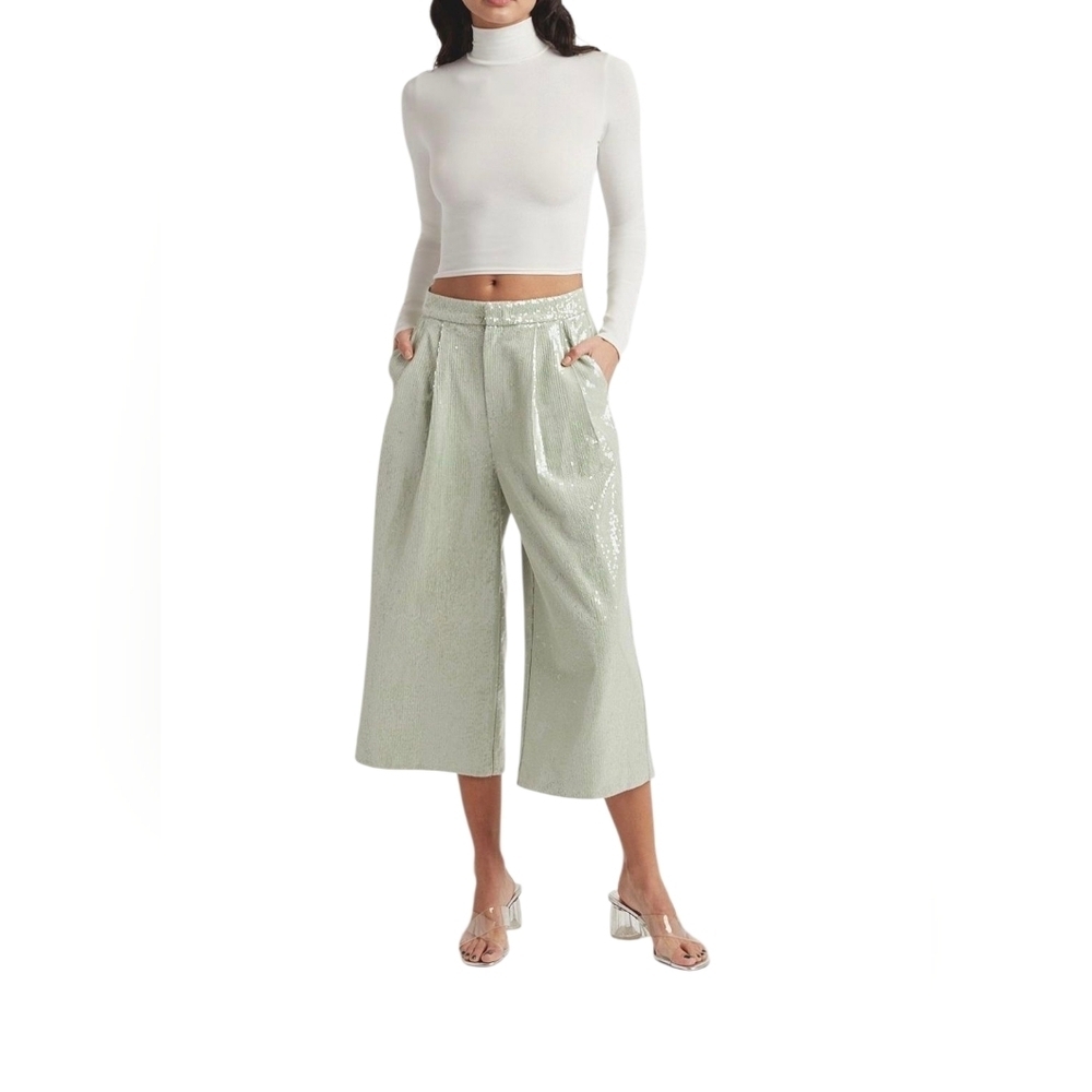 Wide-Leg Lined Full Sequins Sage Sparkled Culottes/Pants - Size 4